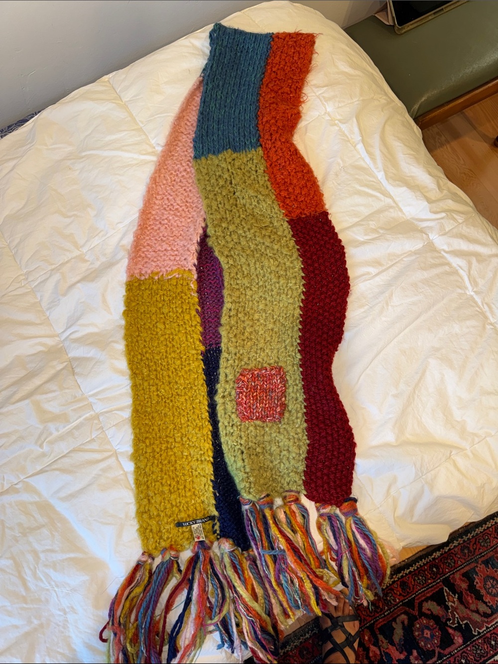 Lucky Brand Multicolor Chunky Knit Fringe Scarf - Mustard & Navy